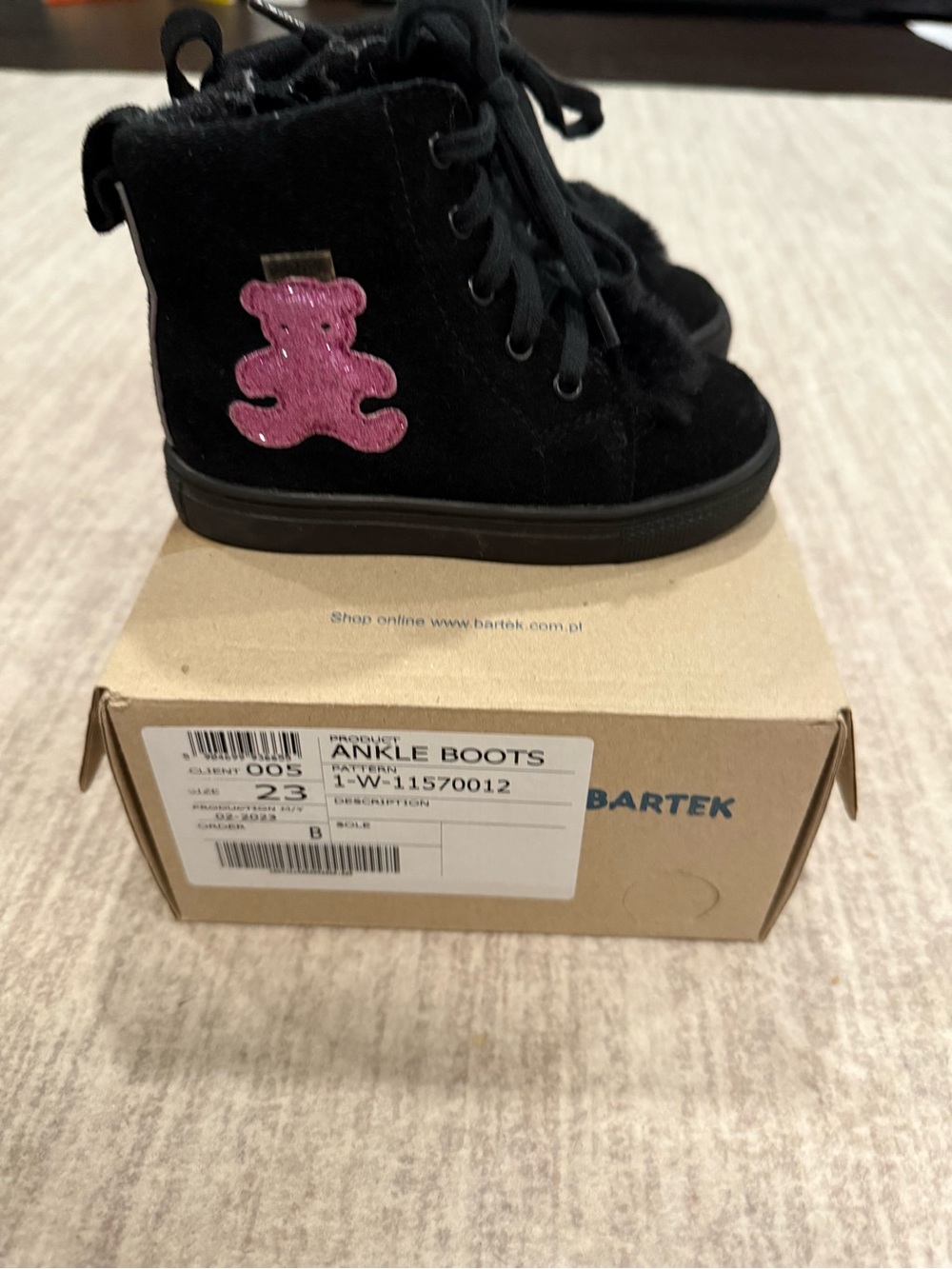 Bartek Kids Black Ankle Boots with Pink Bear Accent